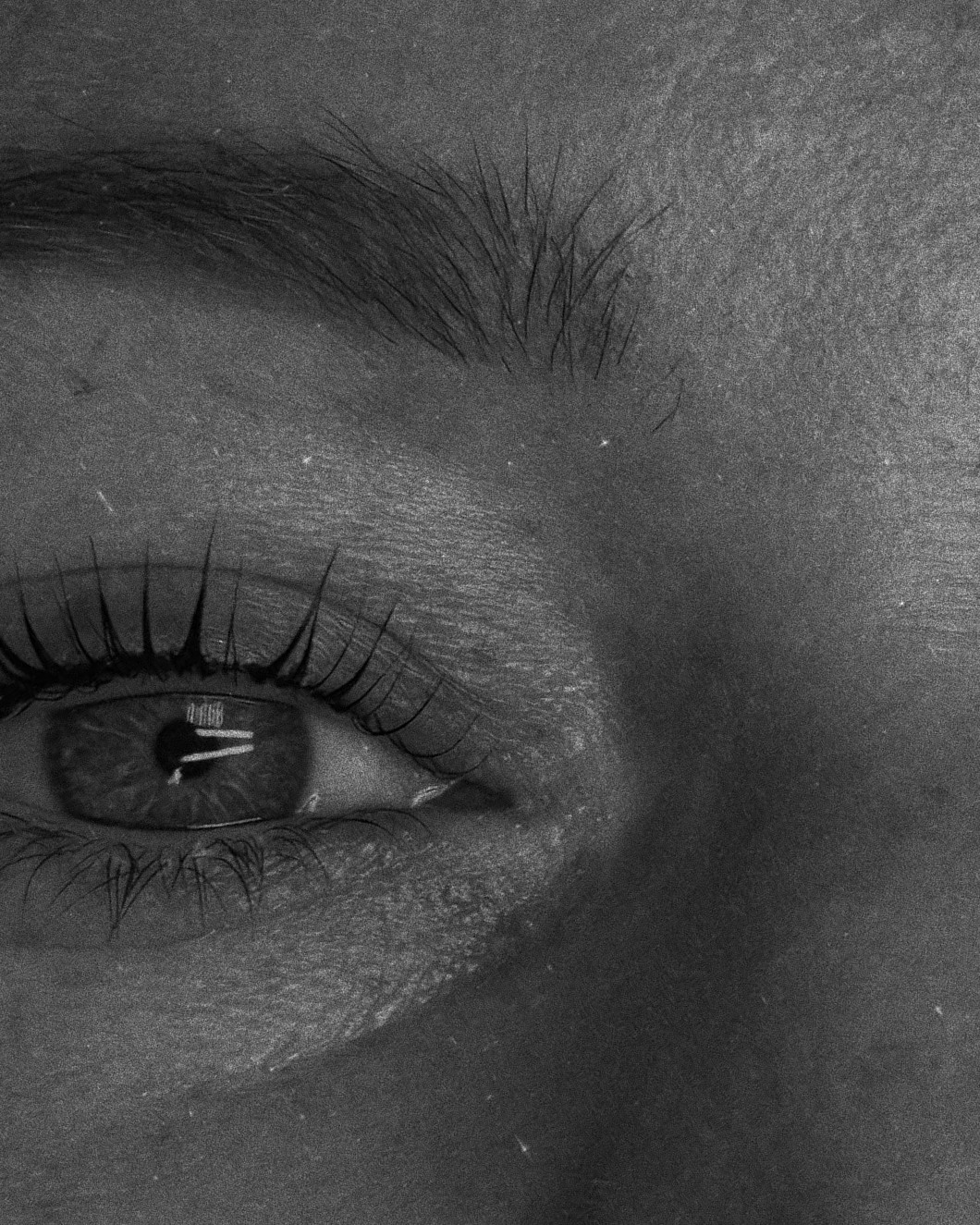 Zwart-witfoto van een Korean lash lift: gekrulde wimpers en een volle wenkbrauw